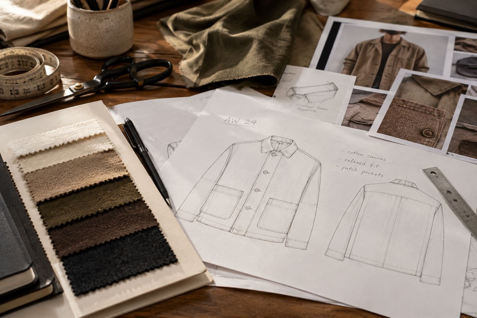 Fashion apparel design sketch showing detailed technical specifications