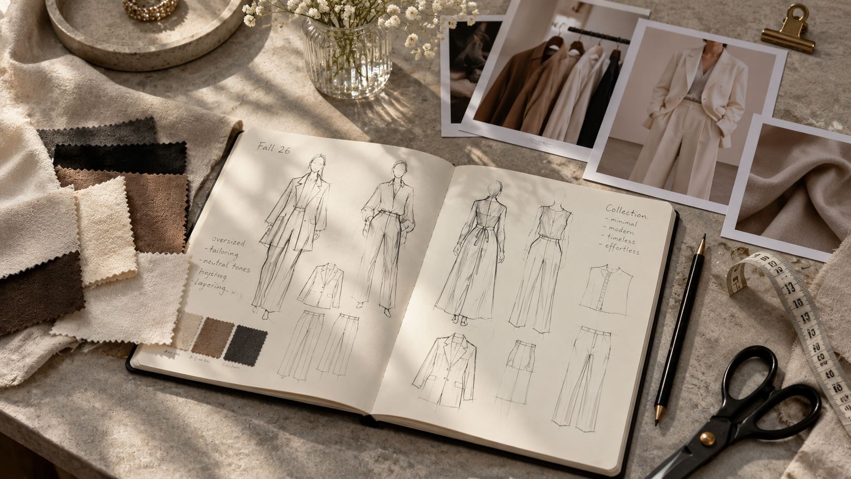 Fashion collection design sketchbook with technical drawings and fabric samples
