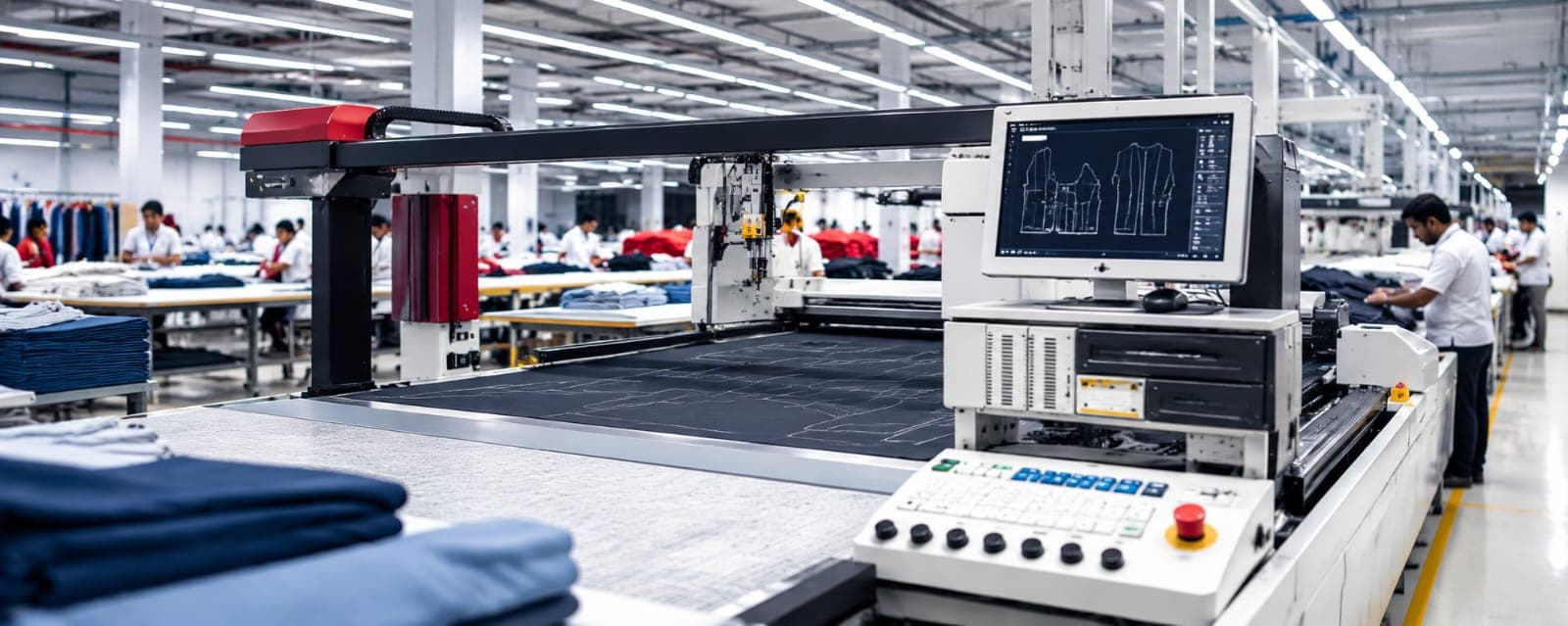 Automated precision fabric cutting machine in an apparel manufacturing facility