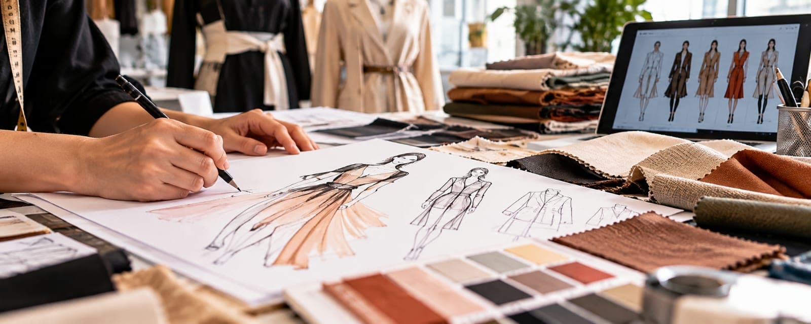 Fashion design sketches alongside fabric swatches for prototype verification
